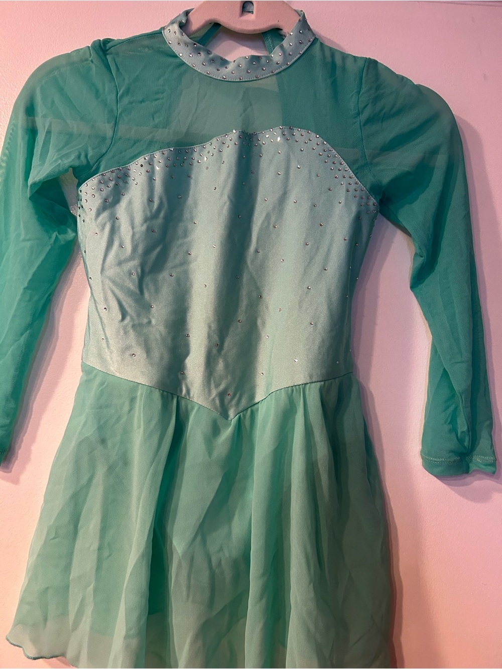 Girls' Long-Sleeve Mint Green Dance/ figure skating Dress with Chiffon Skirt